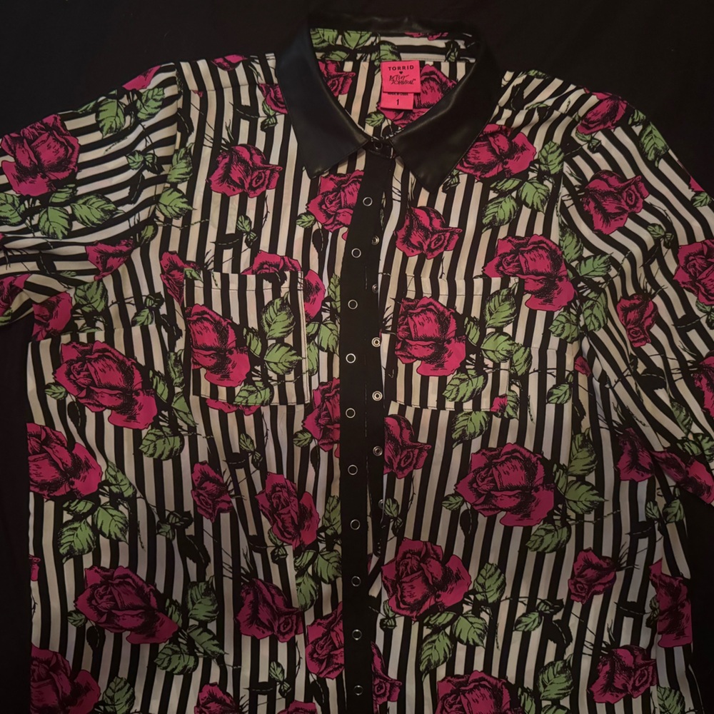 Betsey Johnson Black and White Striped Shirt with Pink Roses
